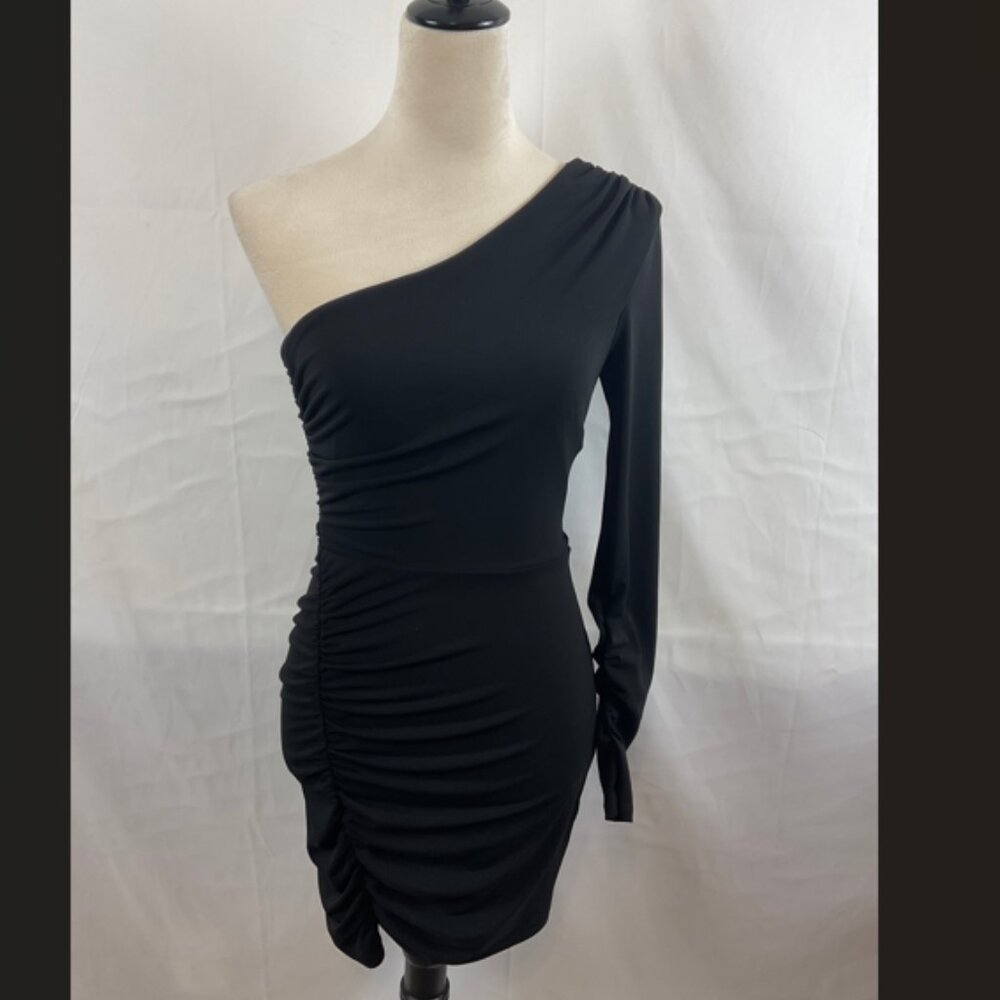 Cinq a Sept One Shoulder Dress 2 Black Long Sleeve Ruched